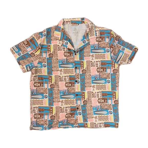 Buc-ee’s Hawaiian Tiki Shirt XL Brown Blue Surfboards Tropical Aloha Button Up - Picture 1 of 12